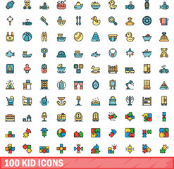 100 kid icons set. Color line set of kid vector icons thin line color flat on white