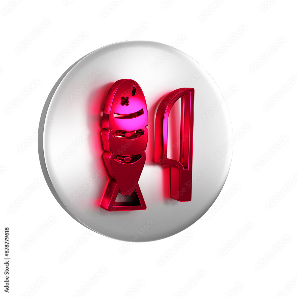 Poster red fish with sliced pieces with knife icon isolated on transparent background. silver circle button