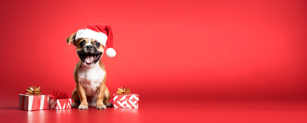Portrait smile dog wearing santa claus hat on red background - obrazy, fototapety, plakaty