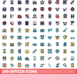 100 officer icons set. Color line set of officer vector icons thin line color flat on white