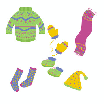 Set of Winter Clothes isolated on white Background, warm sweater, socks, hat, mittens, scarfs, and boots. Winter Clothes Vector Illustration in flat style