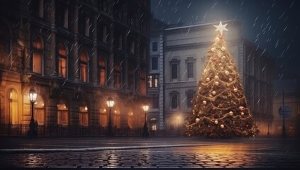 the christmas tree illuminated down an old street