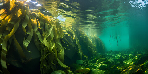 Fototapeta na wymiar Seaweed and natural sunlight underwater seascape in the ocean landscape with seaweeds