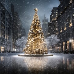 christmas tree in the middle of a snowy city