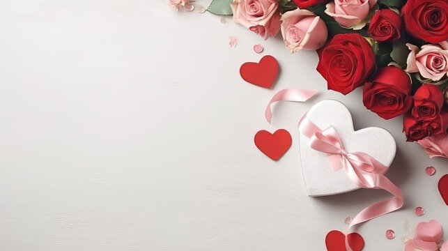 Top view image featuring a heart gift box, roses, and space for text. Ideal for creating elegant greeting cards, perfect for celebrating love on occasions like Valentine's Day or anniversaries.