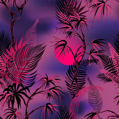 Sunset or sunrise in the Tropics - lilac pink purple seamless pattern with palm trees, thin silhouettes of leaves, melancholy mood, Jungalow style