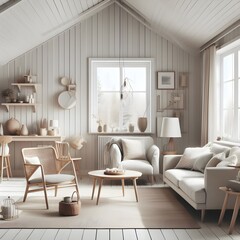 A Scandinavian-style living room with a sofa, armchairs, and coffee table