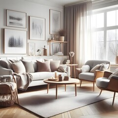 Fototapeta na wymiar A Scandinavian-style living room with a sofa, armchairs, and coffee table