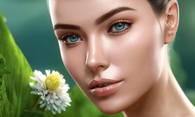 Beautiful young woman with flower on green background, closeup. Spa treatment
