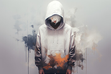 Painting of man with an hoodie and splatter on his face. - obrazy, fototapety, plakaty