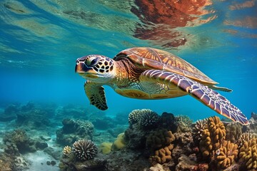 A sea turtle embarking on its journey through the sunlit abyss of the deep blue ocean, surrounded by coral structures