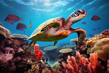 Fotobehang A sea turtle embarking on its journey through the sunlit abyss of the deep blue ocean, surrounded by schools of fish and coral structures © DK_2020