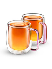 Two glass cups of tea and coffee isolated on white backgound