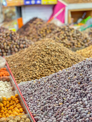 Lots of different nuts at a market in Morocco - 678781434