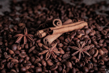 Coffee mug with cinnamon, coffee beans and star anise.