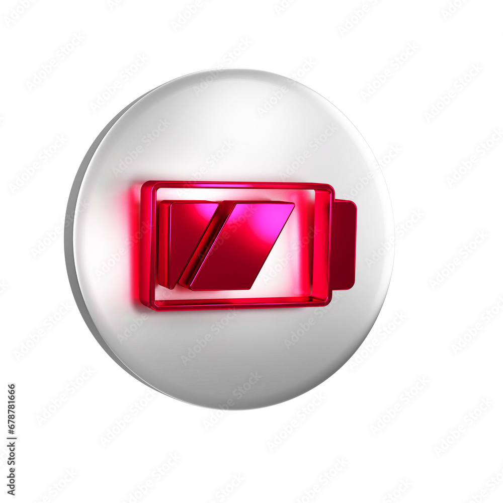 Poster red battery for camera icon isolated on transparent background. lightning bolt symbol. silver circle