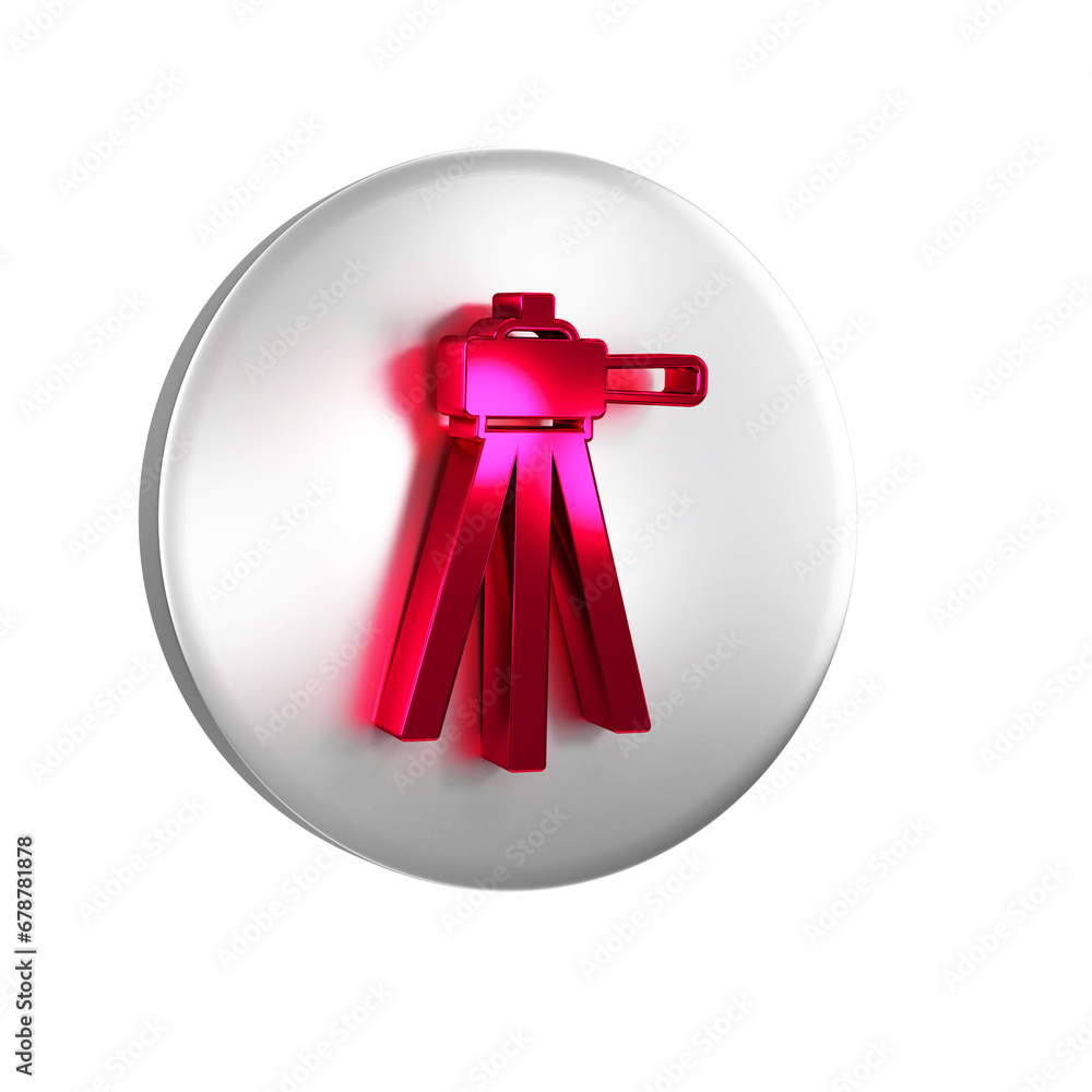 Poster red tripod icon isolated on transparent background. silver circle button.