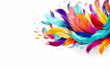 Happy Mardi Gras poster. A banner template with bunch of rainbow feathers isolated on white background, copy space at the left. Costume party flyer for carnivals. AI Generative