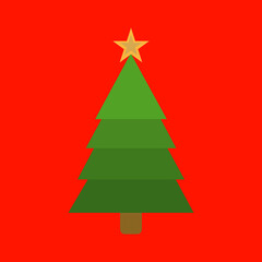 Christmas tree flat icon on red background.