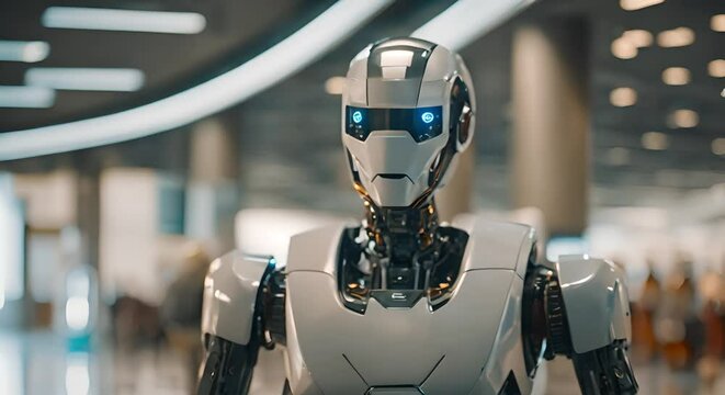 Android robot helps at the airport or store to give information. people passing by in the bokeh background