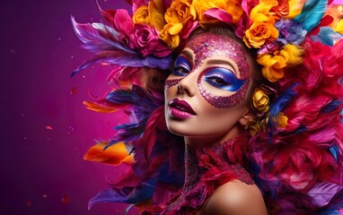 Mardi Gras poster. A pretty woman with Venetian masquerade style makeup looking over the shoulder, bright feathers on purple background. Costume party carnival outfit. AI Generative