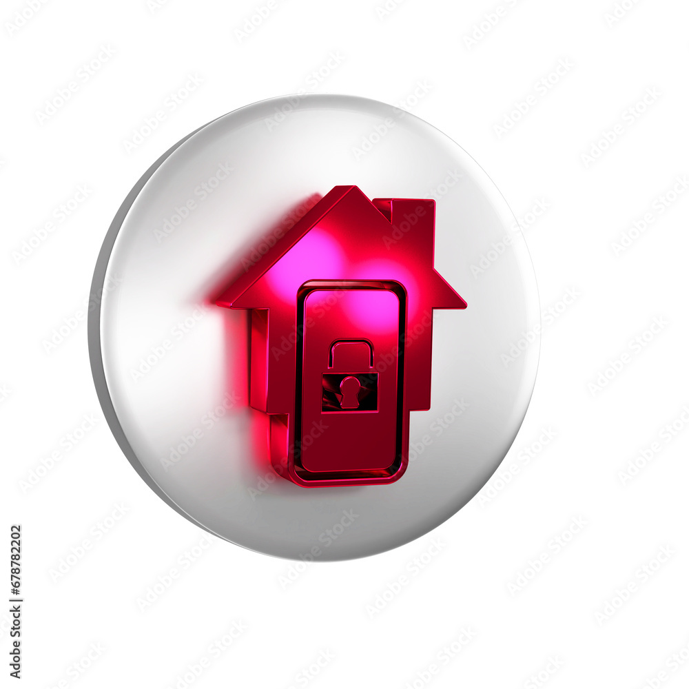 Poster red mobile phone with smart home icon isolated on transparent background. remote control. silver cir