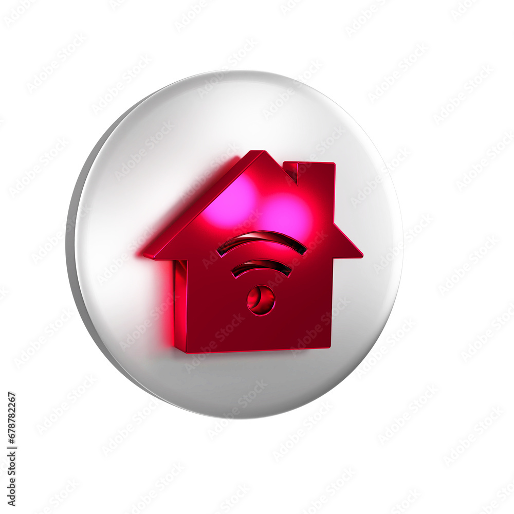 Poster red smart home with wi-fi icon isolated on transparent background. remote control. silver circle but