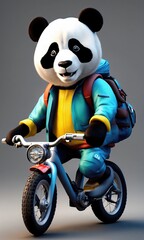 3D rendering of a cute panda bear riding a bicycle.

