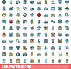 100 water icons set. Color line set of water vector icons thin line color flat on white