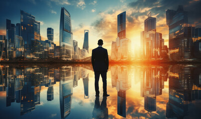 Fototapeta na wymiar Double exposure image of the business man standing back during sunrise overlay with cityscape image