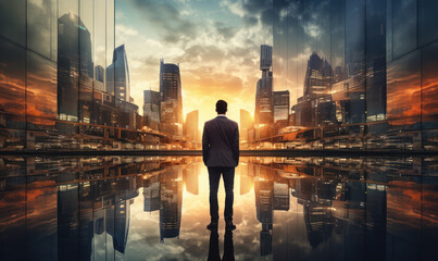 Fototapeta na wymiar Double exposure image of the business man standing back during sunrise overlay with cityscape image