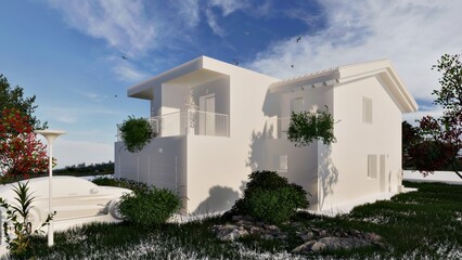 Fototapeta na wymiar Modellazione 3D e rendering di edificio residenziale
