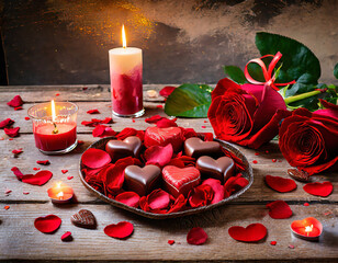Romantic atmosphere with a wooden table featuring red roses, scattered petals, candles, and heart-shaped chocolates for Valentine's.
