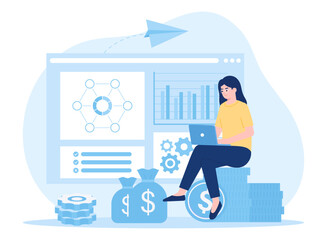 businesswoman analyzes stock growth rate concept flat illustration