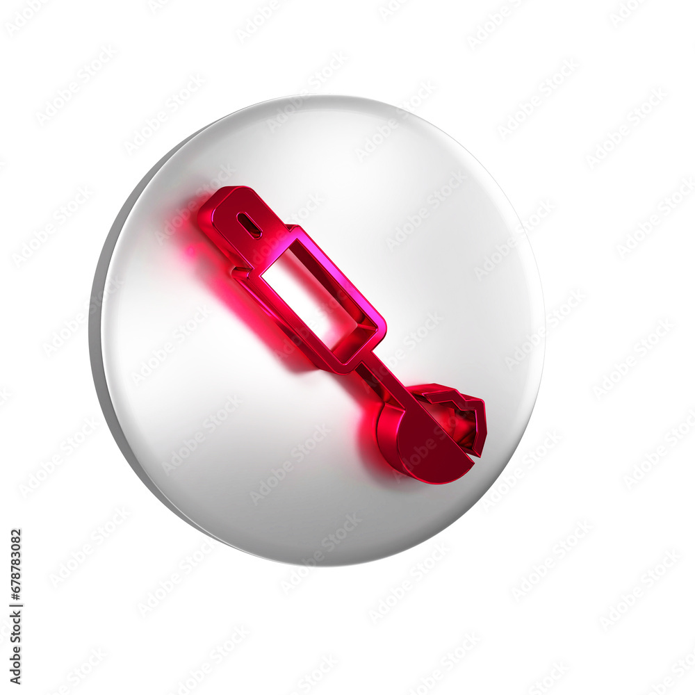 Poster red measuring spoon icon isolated on transparent background. silver circle button.