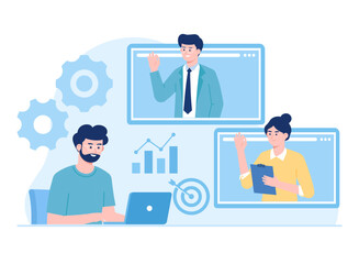 office people discussing online about business growth concept flat illustration