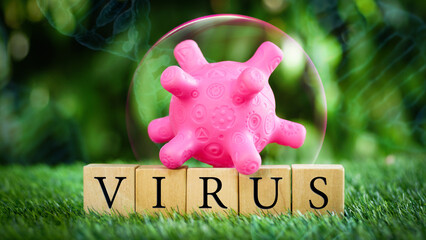 The inscription VIRUS from wooden cubes and a pink virus prop model with abstract icon on natural...