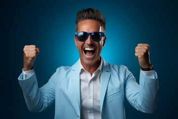 Portrait of a happy young man in sunglasses on blue background. ia generative