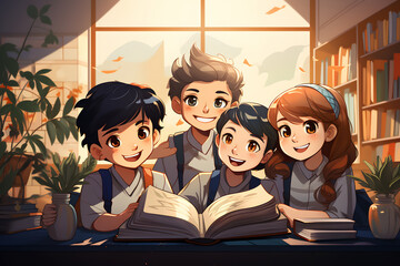 Group of happy students reading books in library. Education concept. Vector illustration. ia generative - obrazy, fototapety, plakaty