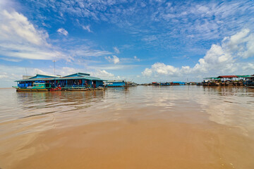 Floating homes on Tonle Sap Lake -  Largest fresh water lake in Cambodia at Siem Reap, Cambodia,...