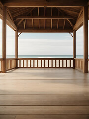 An empty wooden floor situated in a pavilion near the beach, offering views of rolling waves, sandy shores, and distant cliffs, providing a natural and captivating backdrop for product presentations.