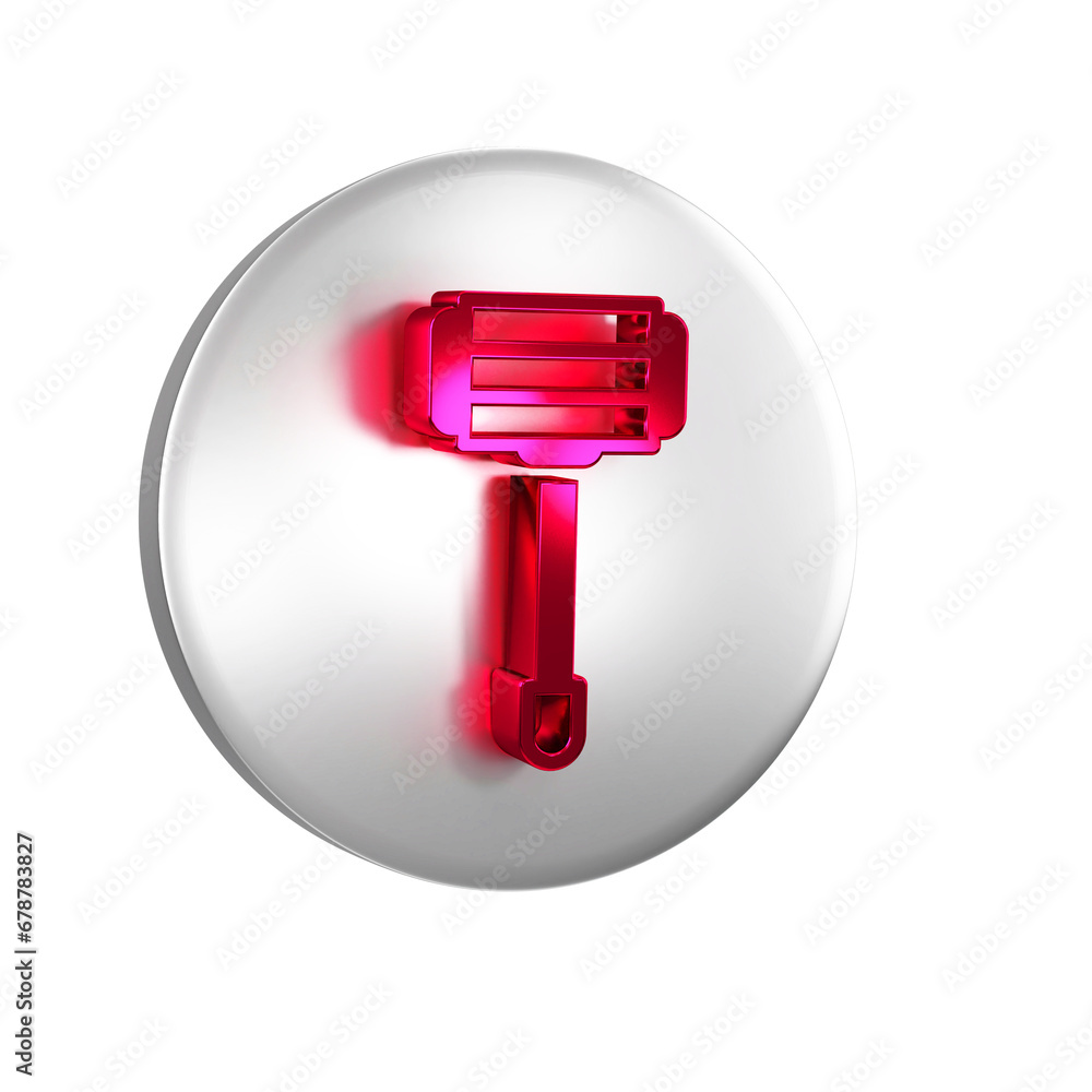 Poster red shaving razor icon isolated on transparent background. silver circle button.