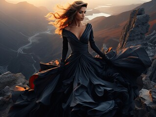 woman with long black hair wearing a black dress in a windy enviroment