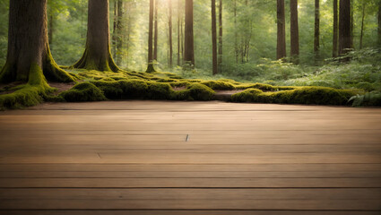 An empty wooden floor situated in a lush forest clearing, surrounded by tall trees, dappled sunlight, and a serene woodland backdrop, offering a natural setting for product displays.
