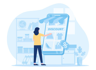 woman shopping at home via mobile phone concept flat illustration