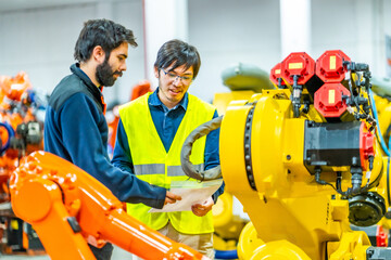 Engineers reading an inform in a industry of robotic arms