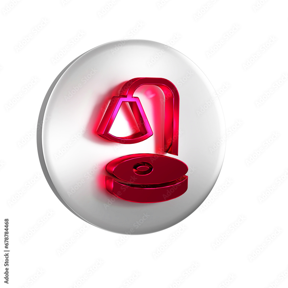 Poster red table lamp icon isolated on transparent background. desk lamp. silver circle button.