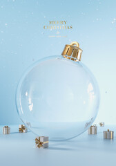 Merry Christmas greeting card design. Big glass Christmas ball with presents and copy space on blue...