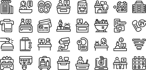 Hotel reception icons set outline vector. Desk lobby service. Counter room