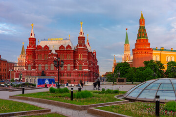 Manezhnaya square with State Historical museum and Moscow Kremlin towers, Russia